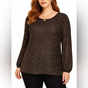 Metallic Shimmer Top Bronze Black Abstract Stretch Mesh Top Night Out Sz. Large